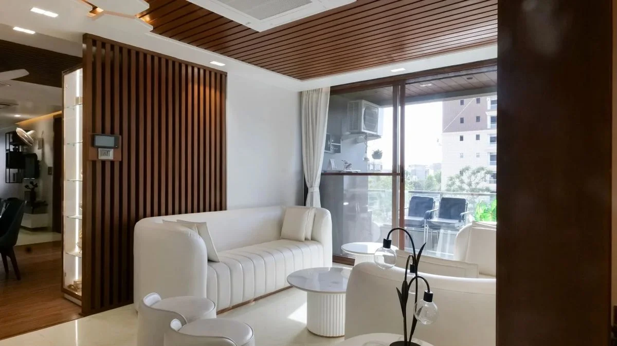 Indian living room with sheesham wood accents